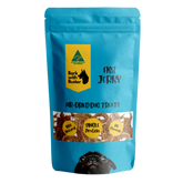 Bark with Buster Fish Jerky Dog Treats in resealable pouch. Air-dried fish jerky dog treats made from wild-caught Australian fish.